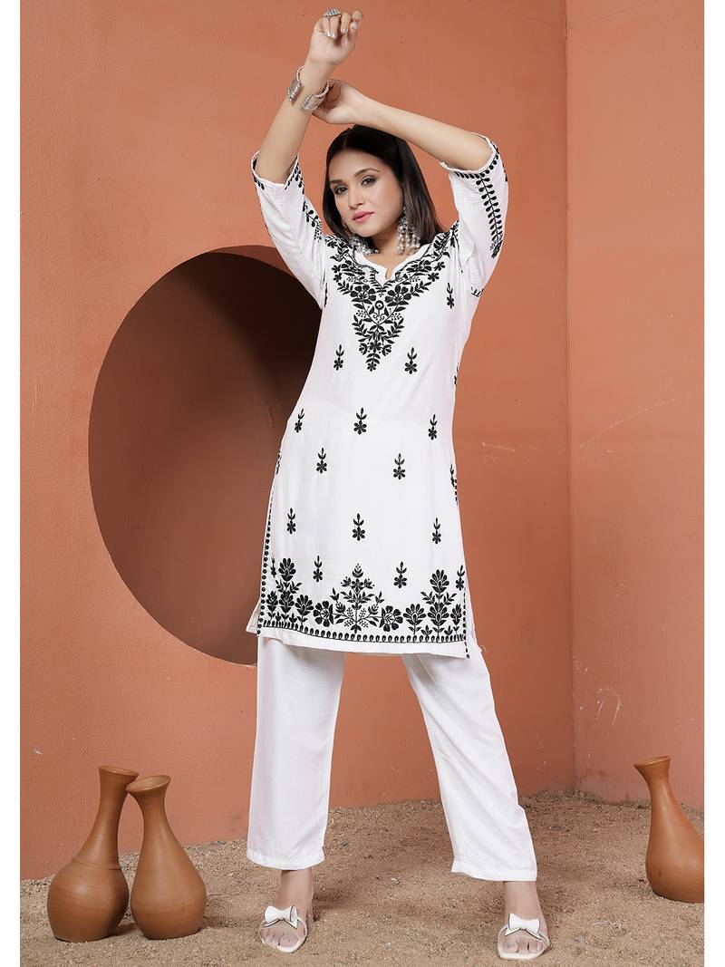 women's white premium heavy rayon chikankari lucknowi embroidery solid