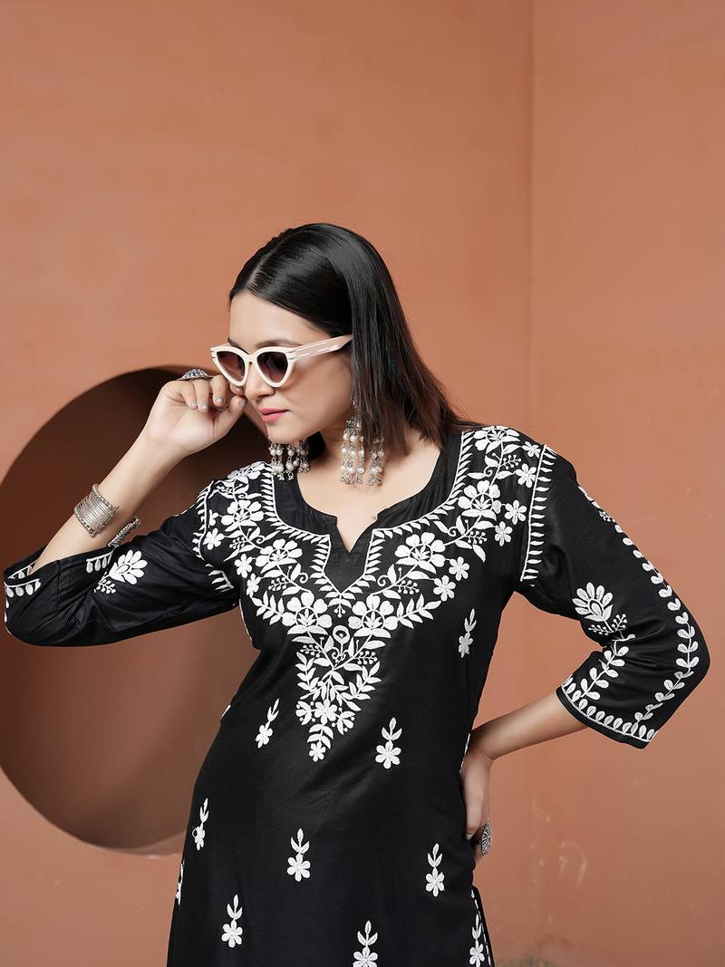 women's black premium heavy rayon chikankari lucknowi embroidery solid