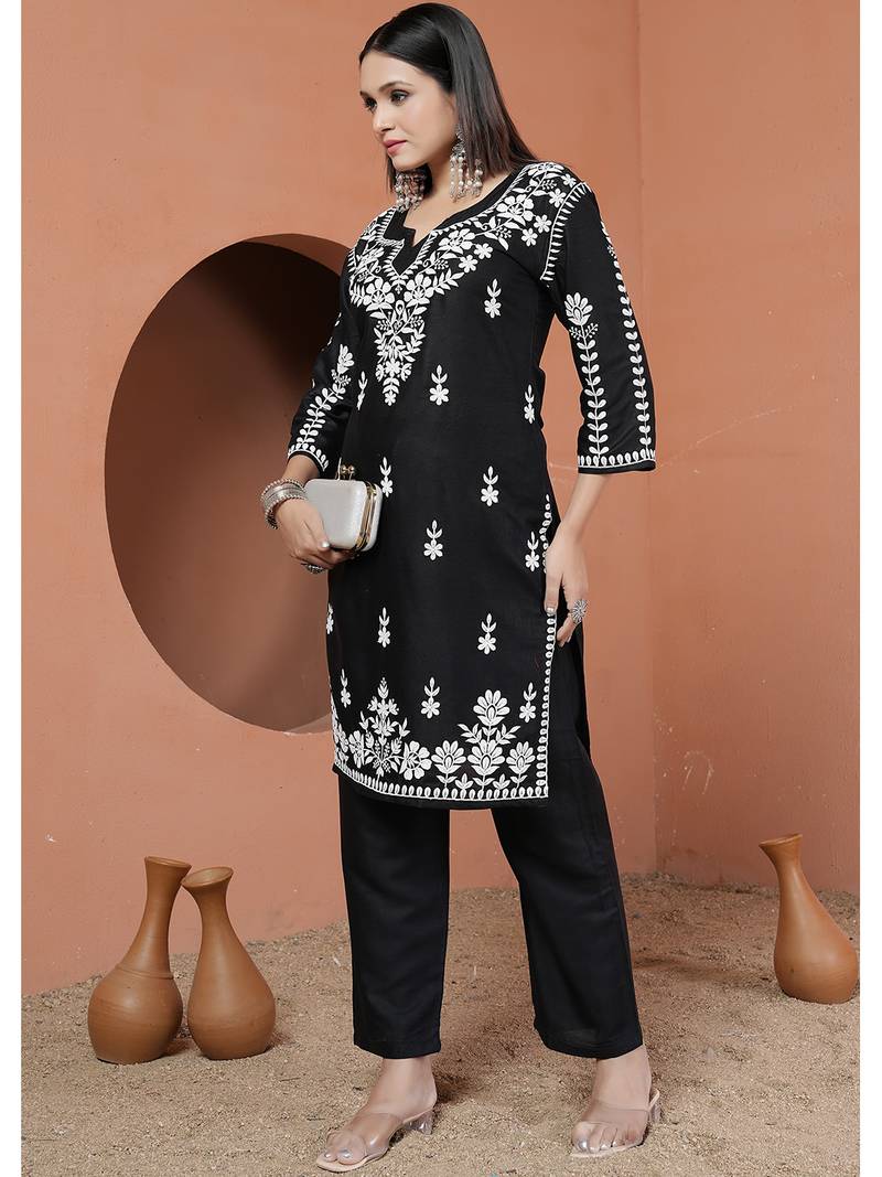 women's black premium heavy rayon chikankari lucknowi embroidery solid