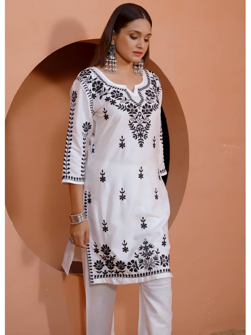 women's white premium heavy rayon chikankari lucknowi embroidery solid