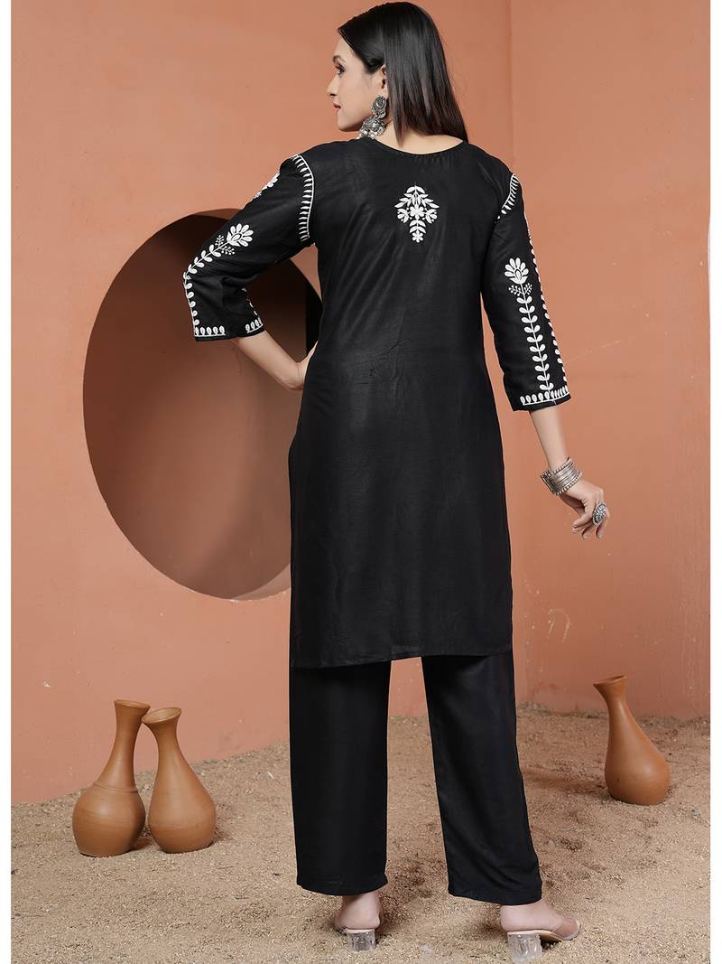 women's black premium heavy rayon chikankari lucknowi embroidery solid