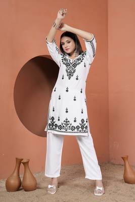 women's white premium heavy rayon chikankari lucknowi embroidery solid 7