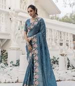 teal crush silk saree with embroidery  and cut work & running blouse