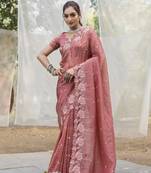onion pink crush silk saree with embroidery  and cut work & running blouse