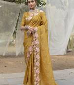 yellow crush silk saree with embroidery  and cut work & running blouse