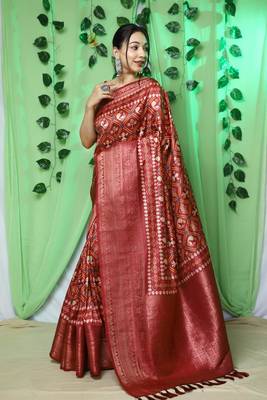 Lustrous red patola art-silk saree 1