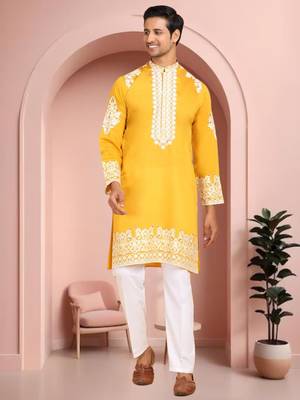 Yellow art silk embroidery kurta pajama set 1