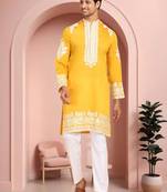 Yellow art silk embroidery kurta pajama set