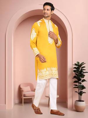 Yellow art silk embroidery kurta pajama set 2