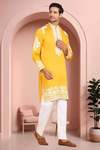 Yellow art silk embroidery kurta pajama set