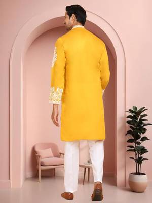 Yellow art silk embroidery kurta pajama set 3