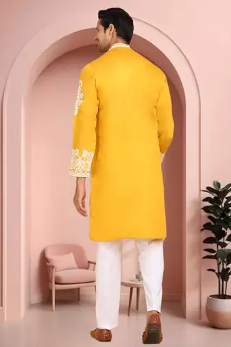 Yellow art silk embroidery kurta pajama set