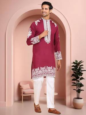 Maroon art silk embroidery kurta pajama set 1