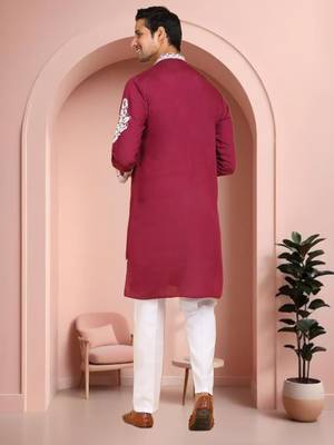 Maroon art silk embroidery kurta pajama set 3