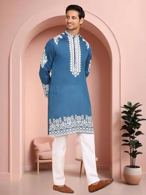 Sky blue art silk embroidery kurta pajama set 1
