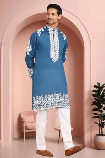 Sky blue art silk embroidery kurta pajama set