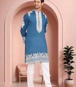 Sky blue art silk embroidery kurta pajama set