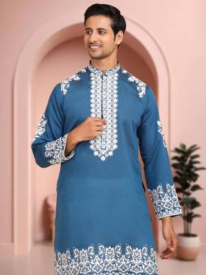 Sky blue art silk embroidery kurta pajama set 2