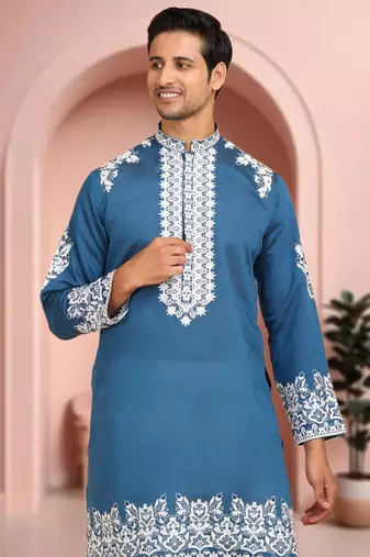 Sky blue art silk embroidery kurta pajama set
