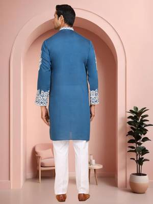 Sky blue art silk embroidery kurta pajama set 3