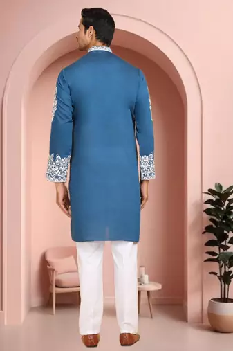 Sky blue art silk embroidery kurta pajama set