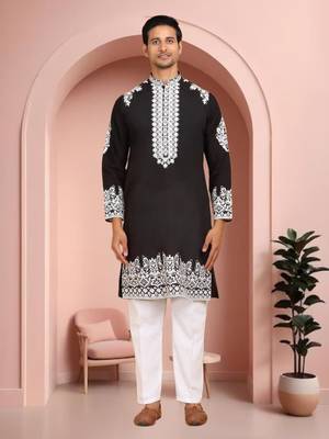 Black art silk embroidery kurta pajama set 1