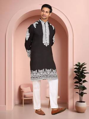 Black art silk embroidery kurta pajama set 2