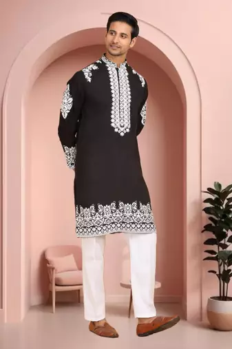 Black art silk embroidery kurta pajama set