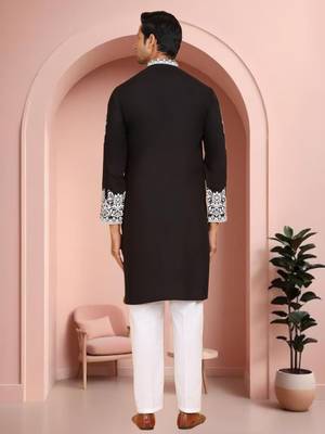 Black art silk embroidery kurta pajama set 3