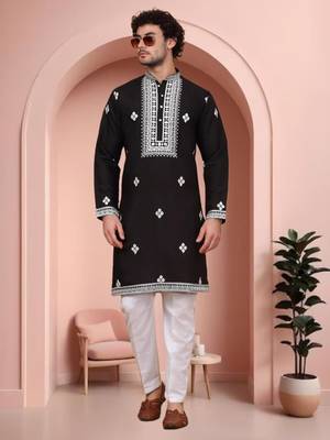 Black art silk embroidery kurta pajama set 1