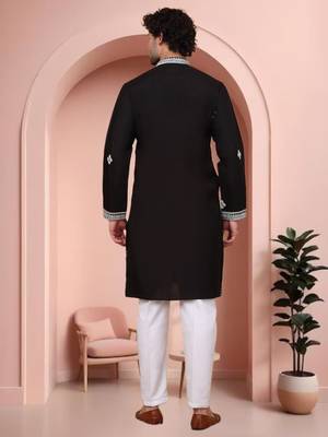 Black art silk embroidery kurta pajama set 2