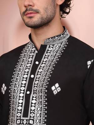 Black art silk embroidery kurta pajama set 3