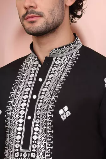 Black art silk embroidery kurta pajama set