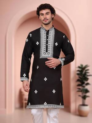 Black art silk embroidery kurta pajama set 4