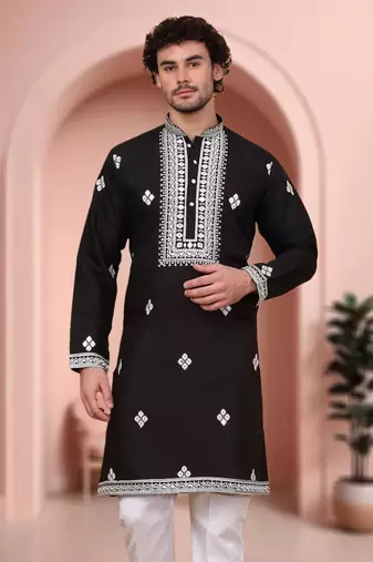 Black art silk embroidery kurta pajama set