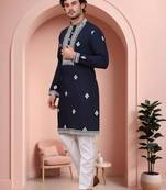 Navy blue art silk embroidery kurta pajama set