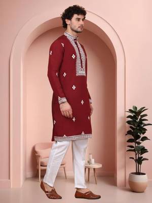 Maroon art silk embroidery kurta pajama set 1