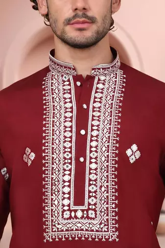 Maroon art silk embroidery kurta pajama set