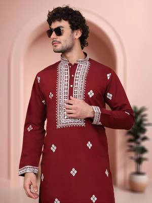 Maroon art silk embroidery kurta pajama set 4