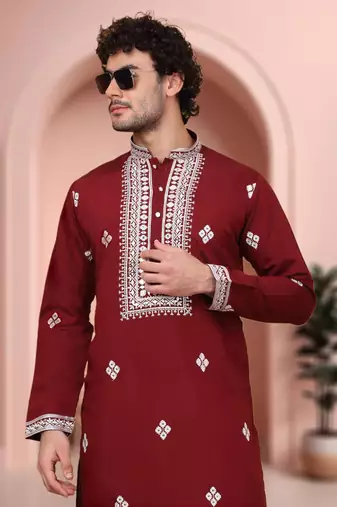 Maroon art silk embroidery kurta pajama set
