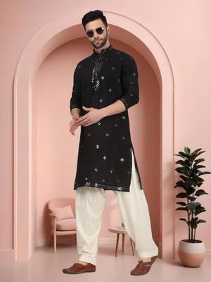 Black art silk mirror work kurta pajama set 1