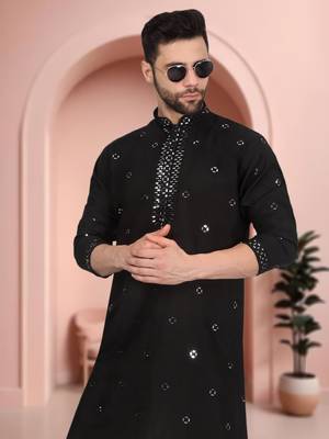 Black art silk mirror work kurta pajama set 2