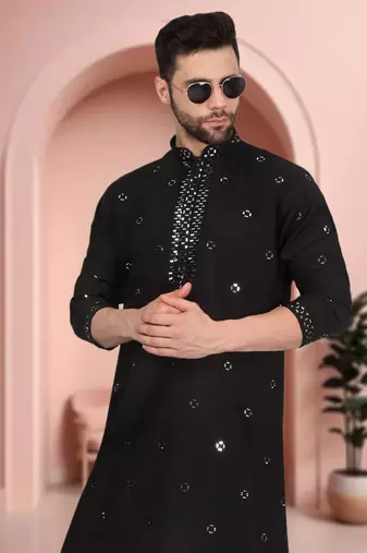Black art silk mirror work kurta pajama set