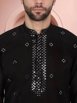 Black art silk mirror work kurta pajama set 3