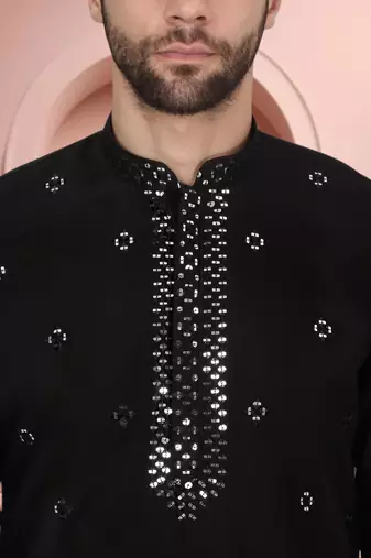 Black art silk mirror work kurta pajama set