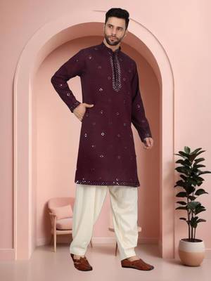 Maroon art silk mirror work kurta pajama set 1