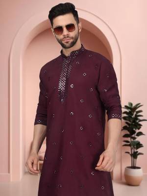 Maroon art silk mirror work kurta pajama set 2