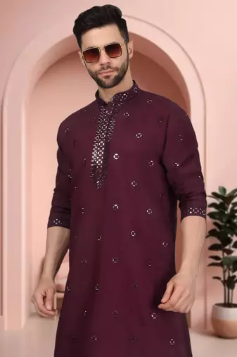 Maroon art silk mirror work kurta pajama set