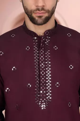 Maroon art silk mirror work kurta pajama set