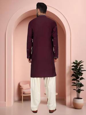 Maroon art silk mirror work kurta pajama set 4